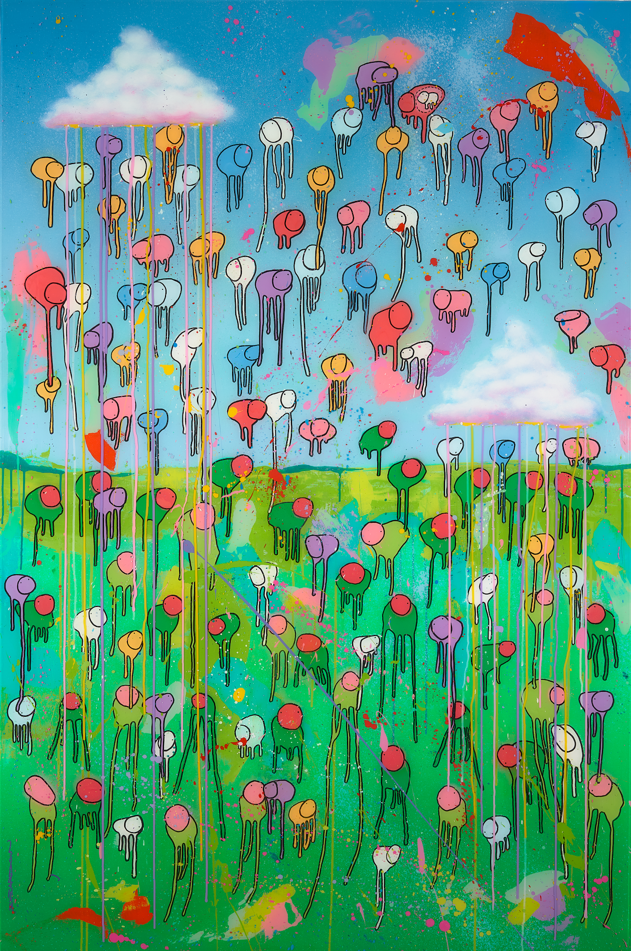 RAINING COWS — Arose After the Storm: red, blue and green abstract cows and roses, mixed media and resin on wooden panel, 48 x 72 in., by Morgan Sheardown.