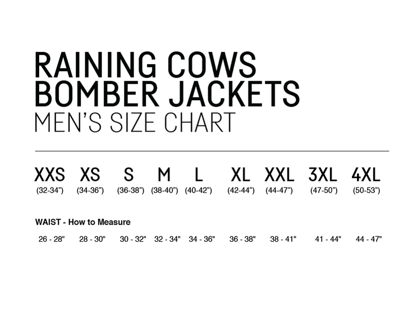 RAINING COWS Bomber Jackets Men's Size Chart