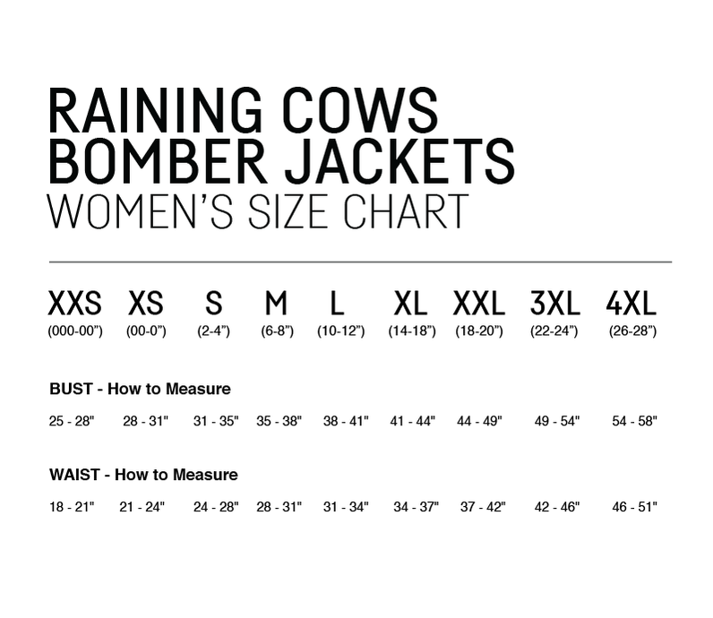 RAINING COWS Bomber Jackets Woman's Size Chart