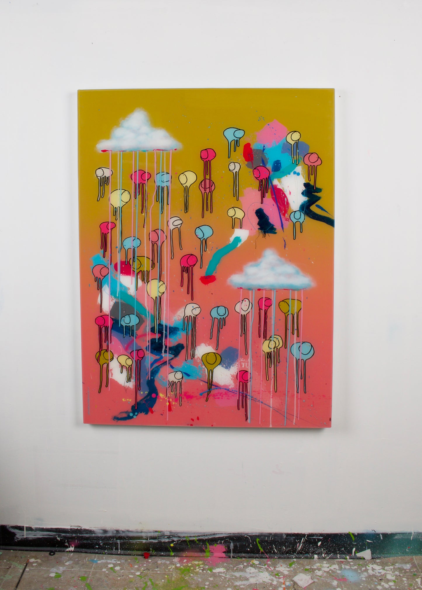 RAINING COWS — Bubble Gum Sun displayed on a white studio wall, pink, blue and mustard yellow abstract cows, mixed media and resin on wooden panel, 36 x 48 in., by Morgan Sheardown.