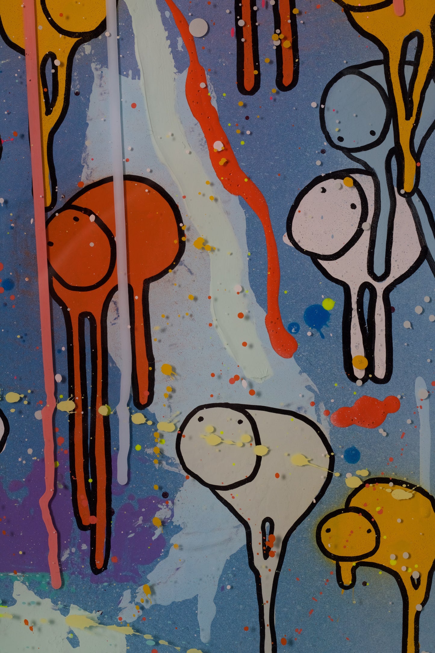 Abstract orange and blue art piece with colorful shapes on a blue background