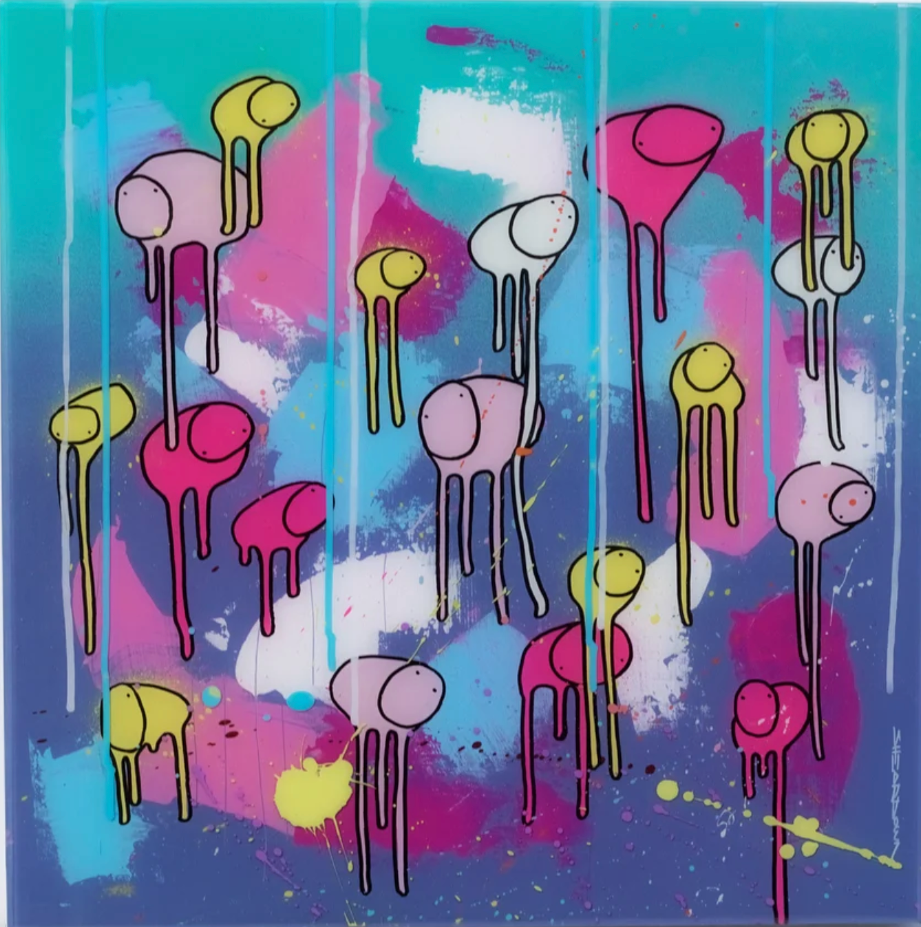 RAINING COWS “Fearless” painting by Morgan Sheardown, purple and pink rain drops with cows