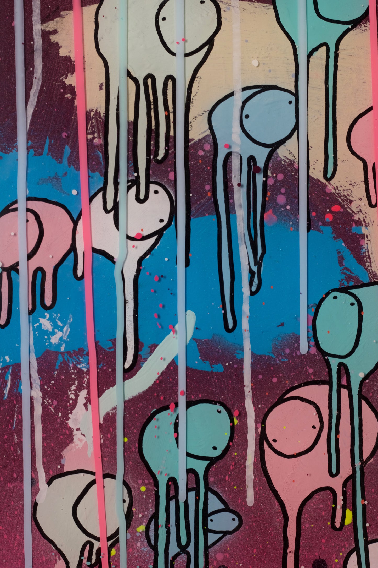 Abstract art with colorful cows, shapes and splashes with rain drips