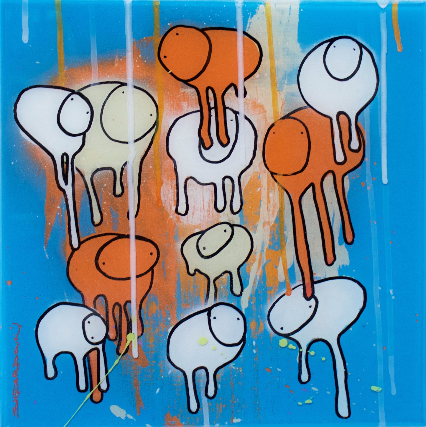 Full view of painting RAINING COWS 'Ocean Blue' by Toronto artist Morgan Sheardown, featuring orange, white and blue with dripping paint, and whimsical cows.