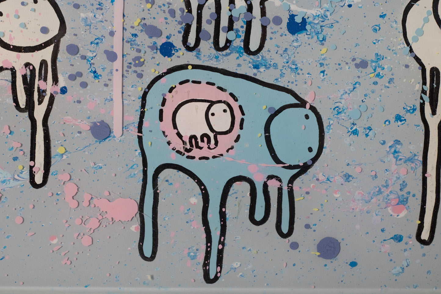 pregnant cow baby cow set against a multi-layered painted resin background with blue and purple splashes.
