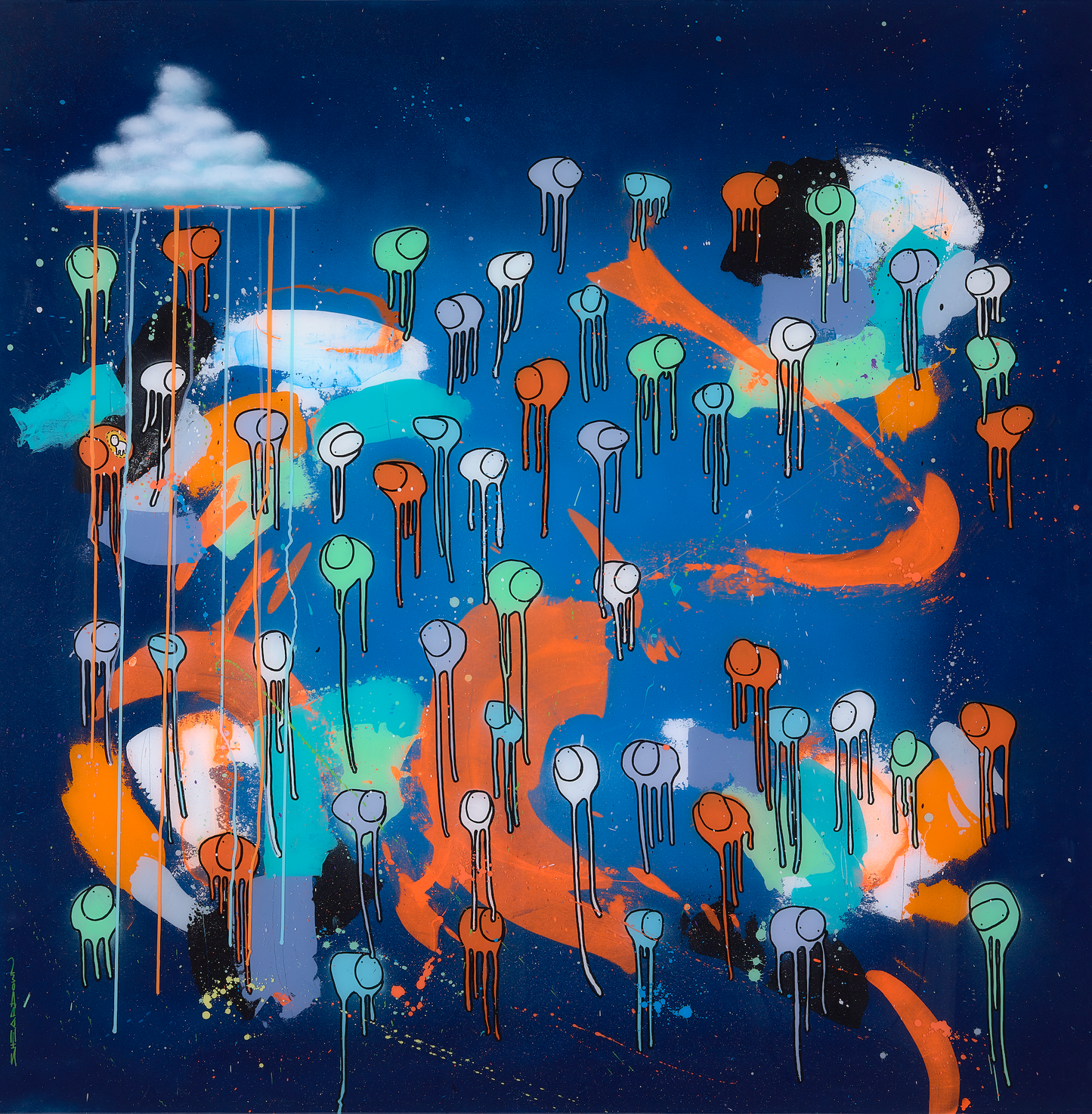 RAINING COWS — The Other Side of Midnight: Orange and blue abstract cows, mixed media and resin on wooden panel, 60 x 60 in., by Morgan Sheardown.