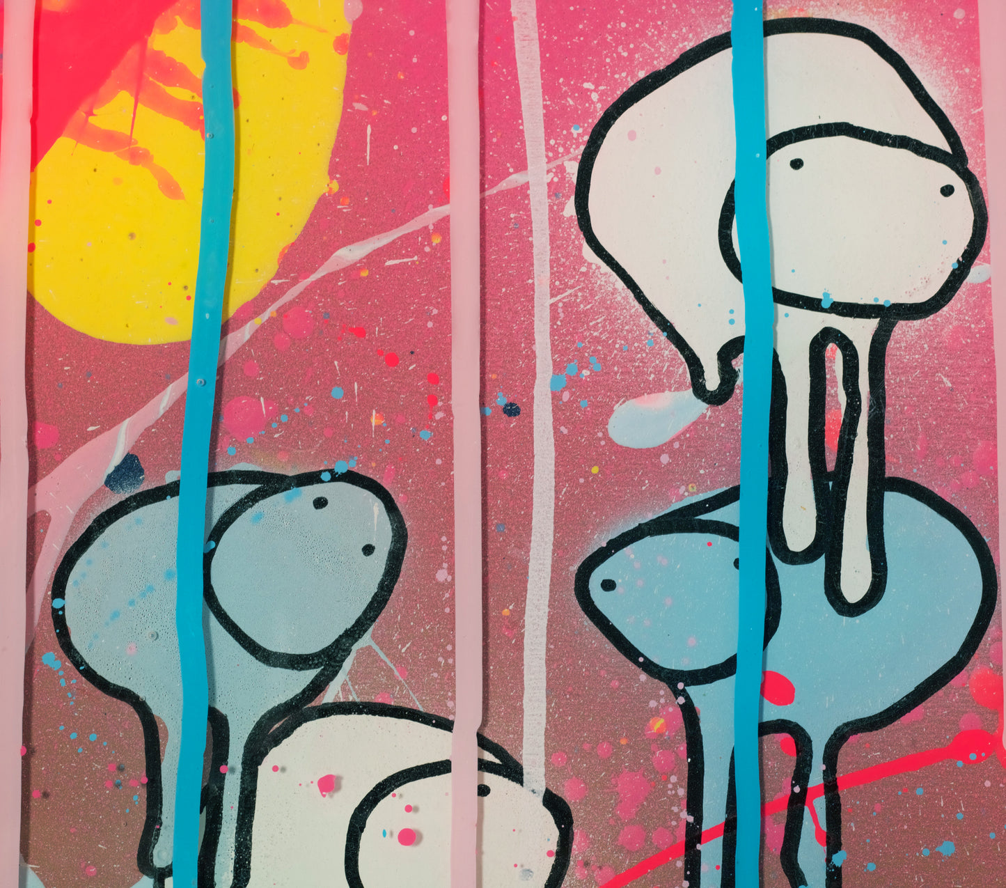 Close up detail of painting RAINING COWS showing colorful brown, pink, and white swirls,  yellow sun, and cows.