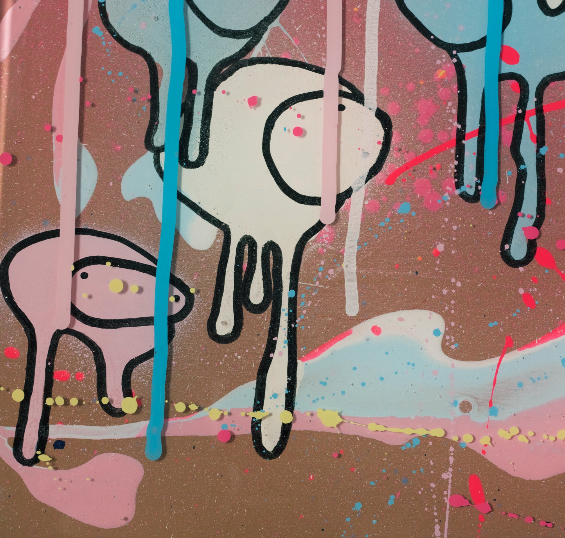 Close up detail of painting RAINING COWS  Chocolate Sunday showing colorful pink and blue cows.