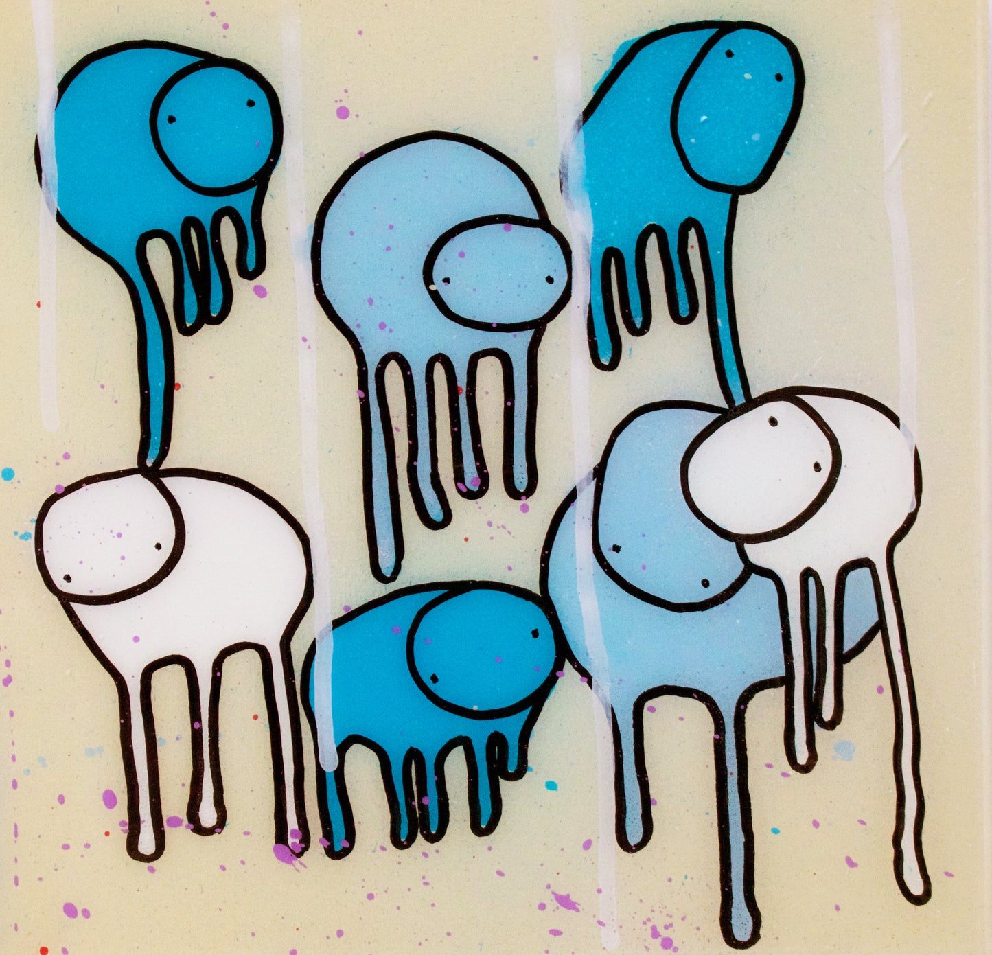 Full view of painting RAINING COWS 'Beach Blues' by Toronto artist Morgan Sheardown, featuring blue, while and white beige and whimsical cows.