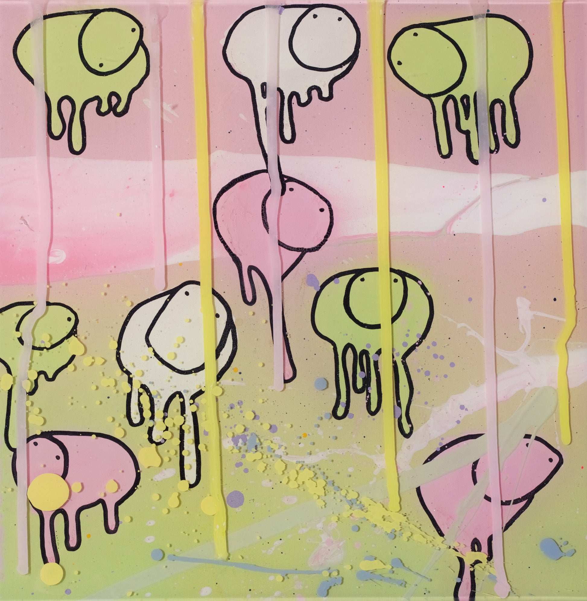 Full view of painting RAINING COWS 'Camouflage Lighting' by Toronto artist Morgan Sheardown, featuring pink, green, and white swirls, yellow dripping paint, and whimsical cows.