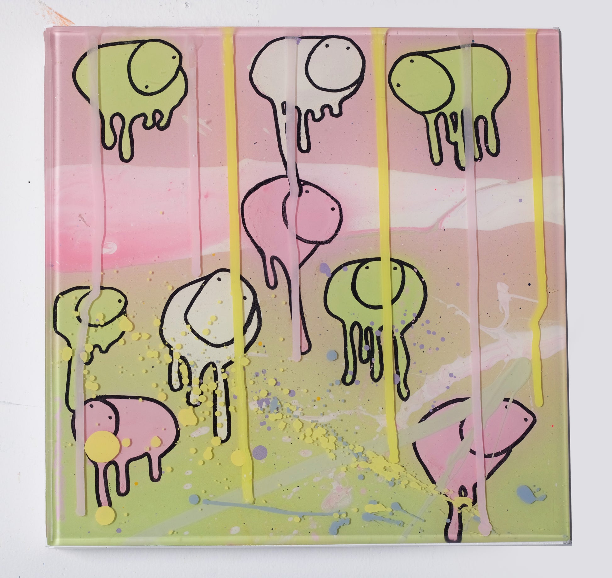 RAINING COWS Camouflage Lighting 12x12 painting by Morgan Sheardown displayed on a white wall, highlighting green, pink, and white  swirling colors with dripping paint and cow motifs.