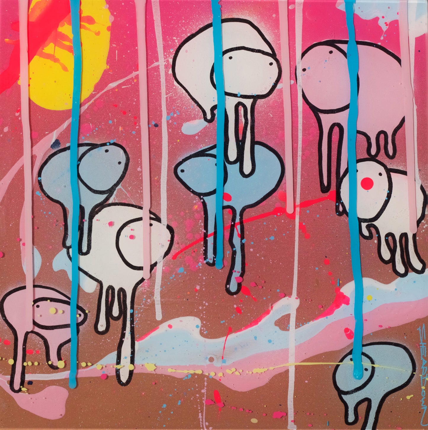 Full view of painting RAINING COWS 'Chocolate Sunday' by Toronto artist Morgan Sheardown, featuring brown, pink, blue, and white swirls, with a yellow sun, and whimsical cows.