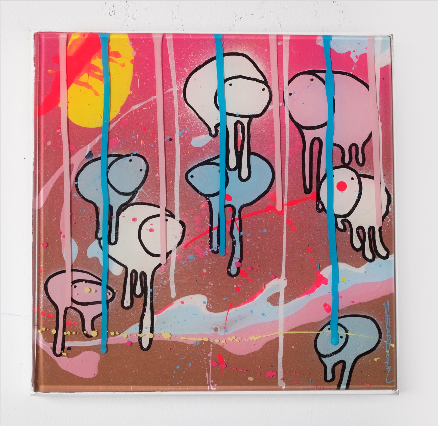 RAINING COWS Chocolate Sunday 12x12 painting by Morgan Sheardown displayed on a white wall, highlighting brown, blue, pink, and white  swirling colors with dripping paint and cow motifs.