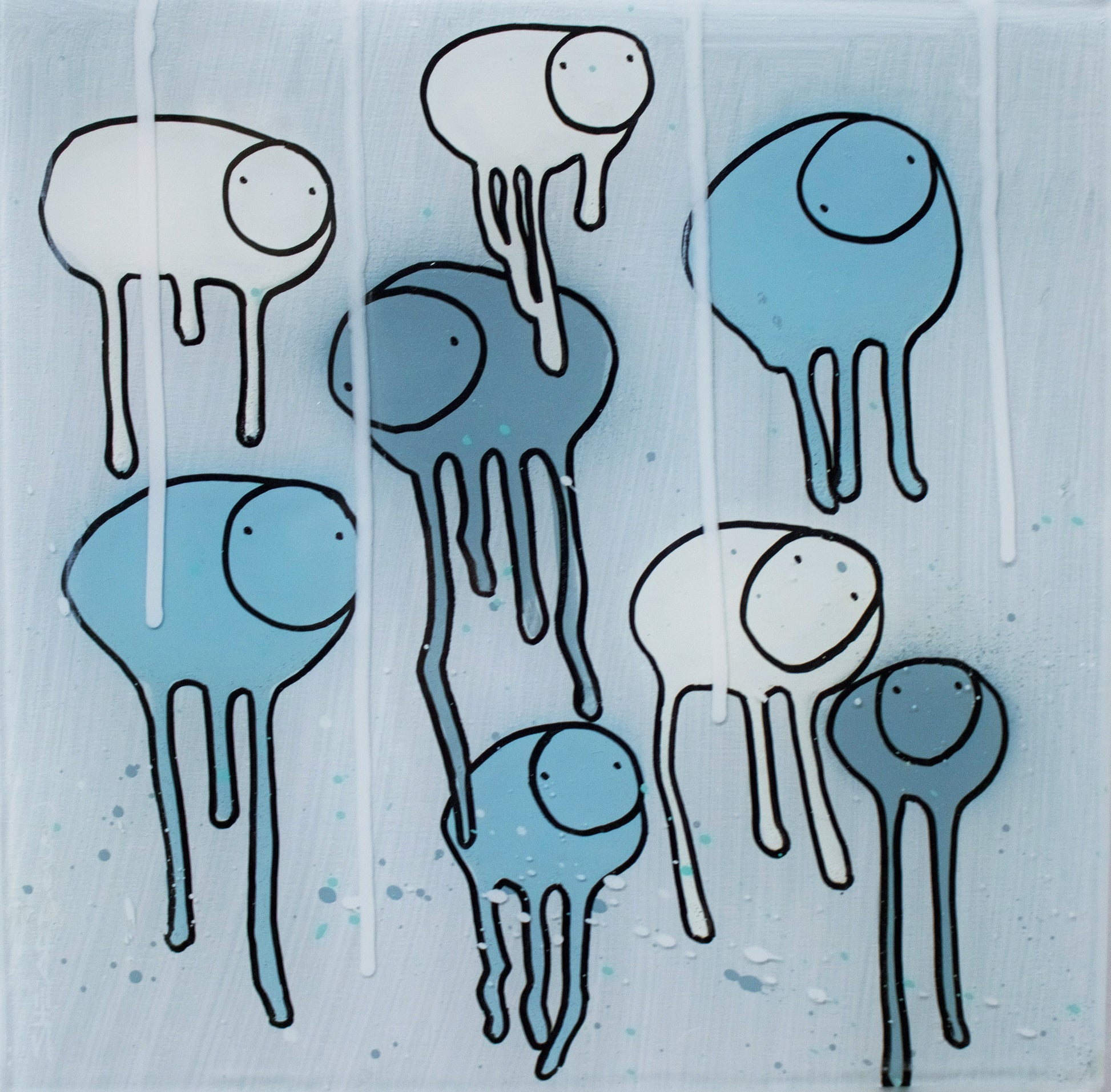 Full view of painting RAINING COWS 'Cold Knights' by Toronto artist Morgan Sheardown, featuring shades of blue and grey with dripping paint, and whimsical cows.