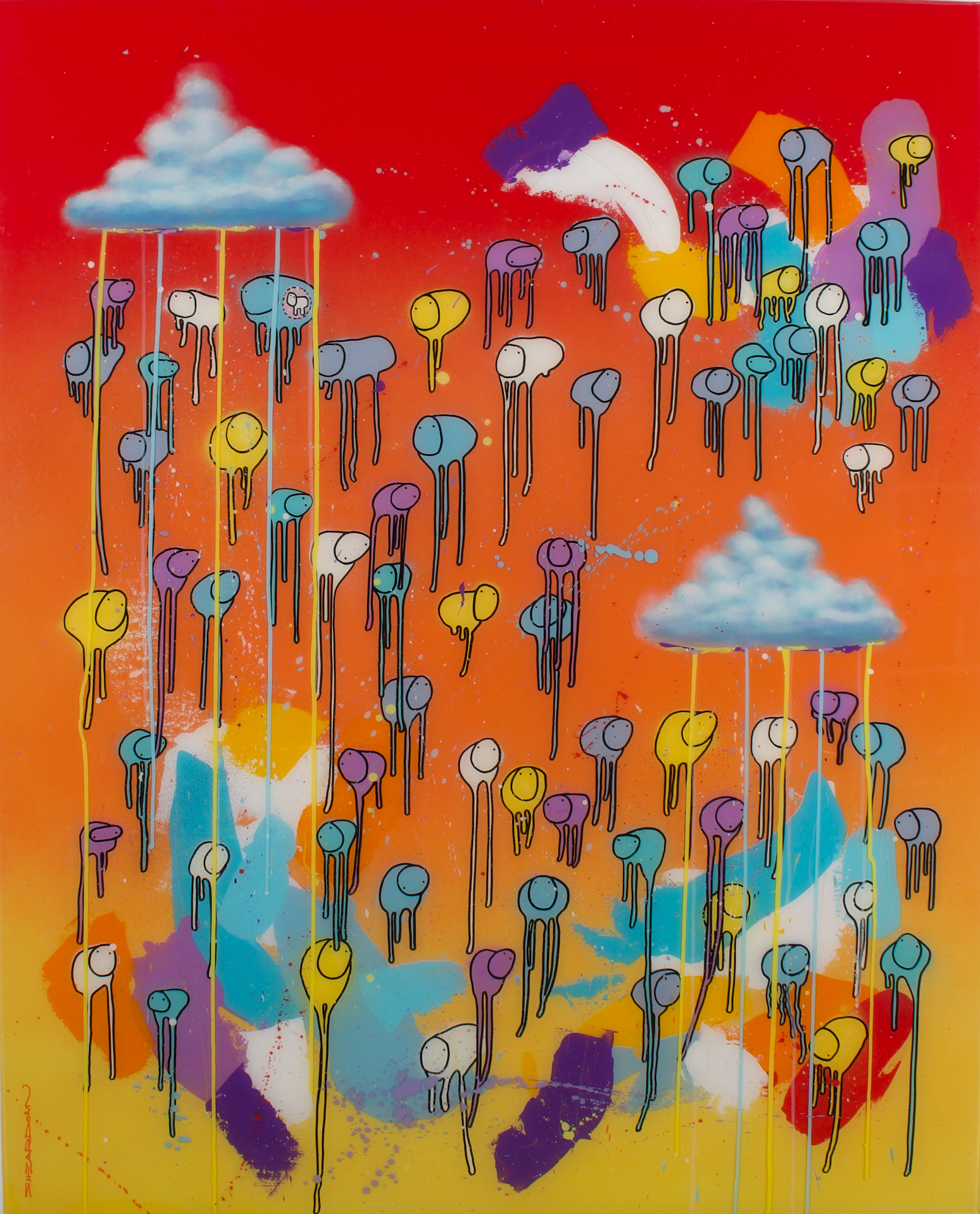 RAINING COWS — Dancing Flame: red, orange, yellow, blue and purple abstract cows, mixed media and resin on wooden panel, 48 x 60 in., by Morgan Sheardown.