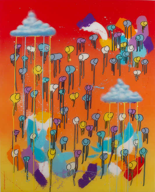 RAINING COWS — Dancing Flame: red, orange, yellow, blue and purple abstract cows, mixed media and resin on wooden panel, 48 x 60 in., by Morgan Sheardown.