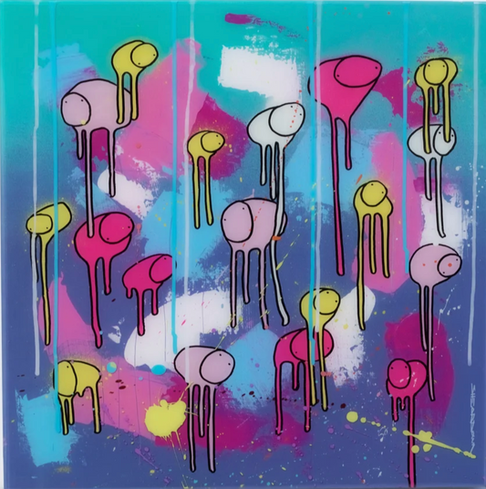 RAINING COWS “Fearless” painting by Morgan Sheardown, purple and pink rain drops with cows