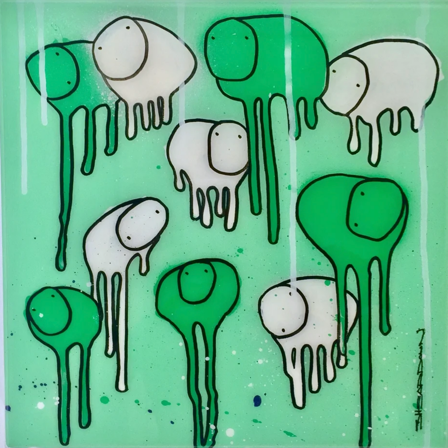 Full view of painting RAINING COWS 'Ice Green Forest' by Toronto artist Morgan Sheardown, featuring green and white with dripping paint, and whimsical cows.