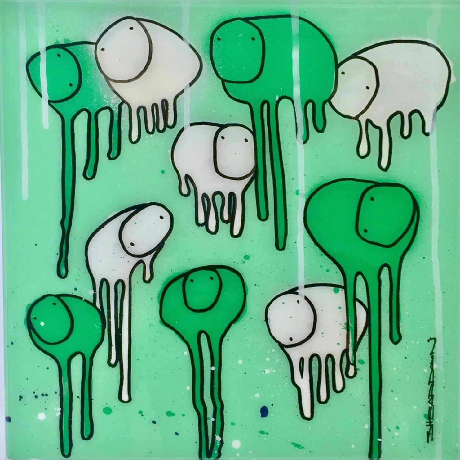 Full view of painting RAINING COWS 'Ice Green Forest' by Toronto artist Morgan Sheardown, featuring green and white with dripping paint, and whimsical cows.