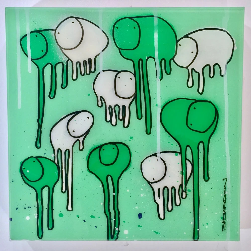 RAINING COWS RAINING COWS Ice Green Forest 12x12 painting by Morgan Sheardown displayed on a white wall, highlighting green and white with dripping paint and cow motifs.