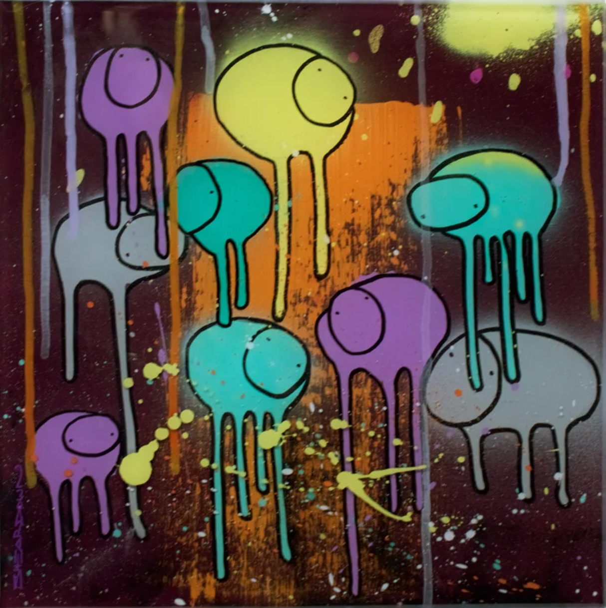 Full view of painting RAINING COWS 'Limoncello' by Toronto artist Morgan Sheardown, featuring burgundy, orange, purple, grey and one yellow cow, and a yellow sun.