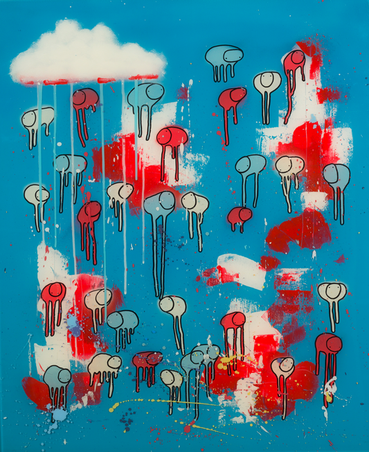 RAINING COWS — Lines and Shapes: Red and Blue abstract cows, mixed media and resin on wooden panel, 24 x 30 in., by Morgan Sheardown.