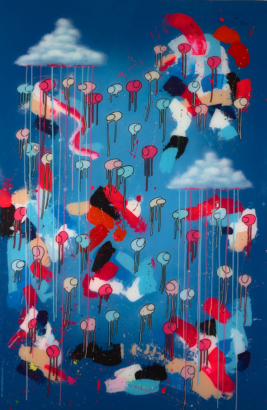 RAINING COWS — Magenta's Stream: magenta abstract cows, mixed media and resin on wooden panel, 40 x 72 in., by Morgan Sheardown.