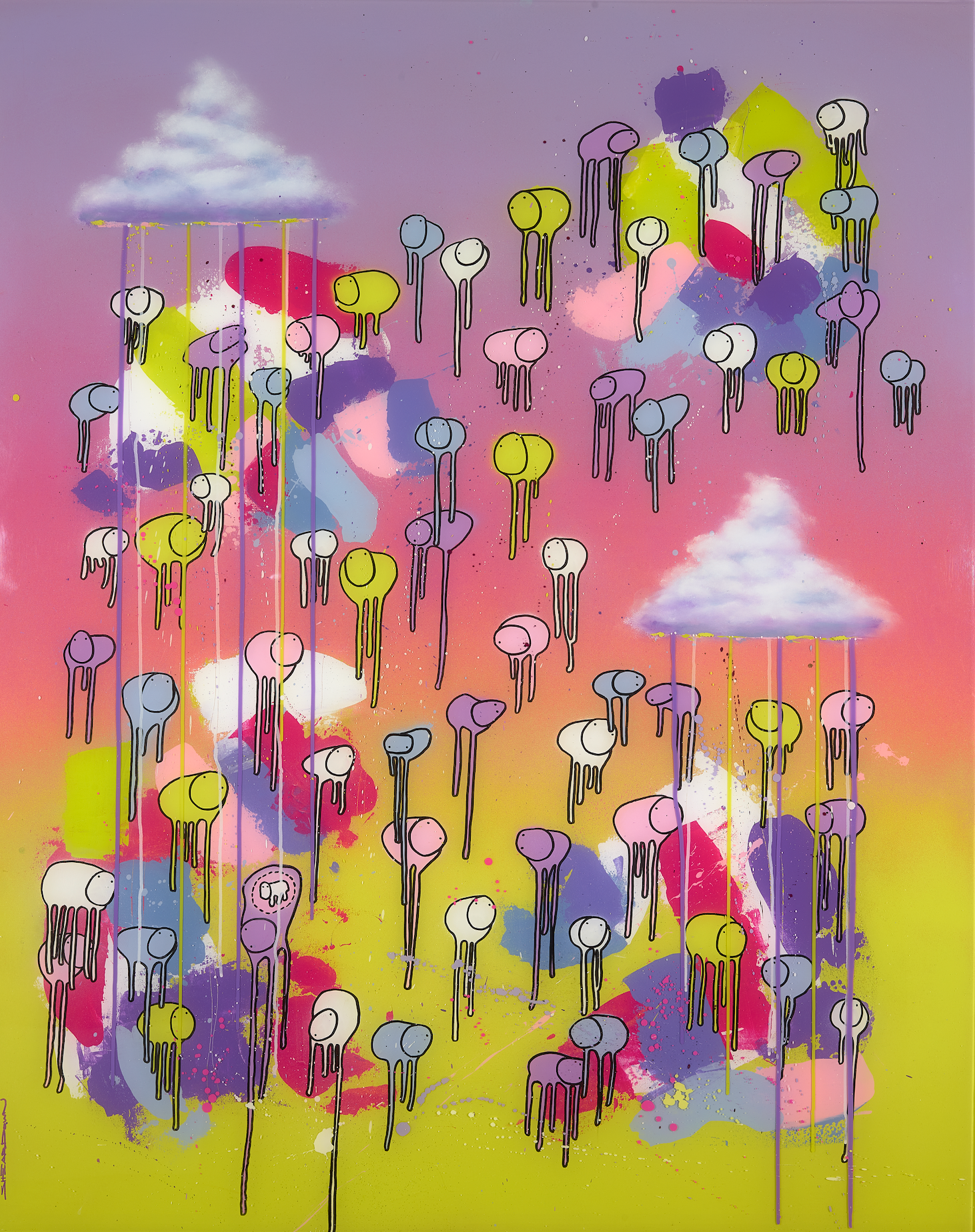 RAINING COWS — Mystical Showers: purple, pink and neon green abstract cows, mixed media and resin on wooden panel, 48 x 60 in., by Morgan Sheardown.