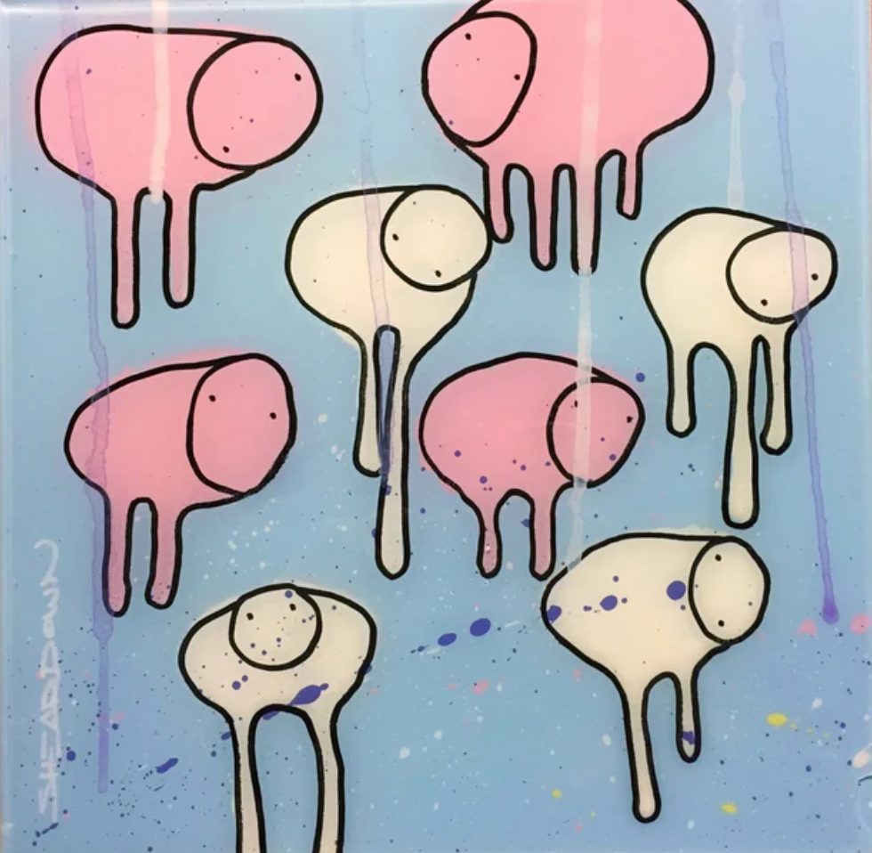 Full view of painting RAINING COWS 'Plastic Rain' by Toronto artist Morgan Sheardown, featuring pink, white and blue with dripping paint, and whimsical cows.