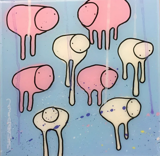 Full view of painting RAINING COWS 'Plastic Rain' by Toronto artist Morgan Sheardown, featuring pink, white and blue with dripping paint, and whimsical cows.