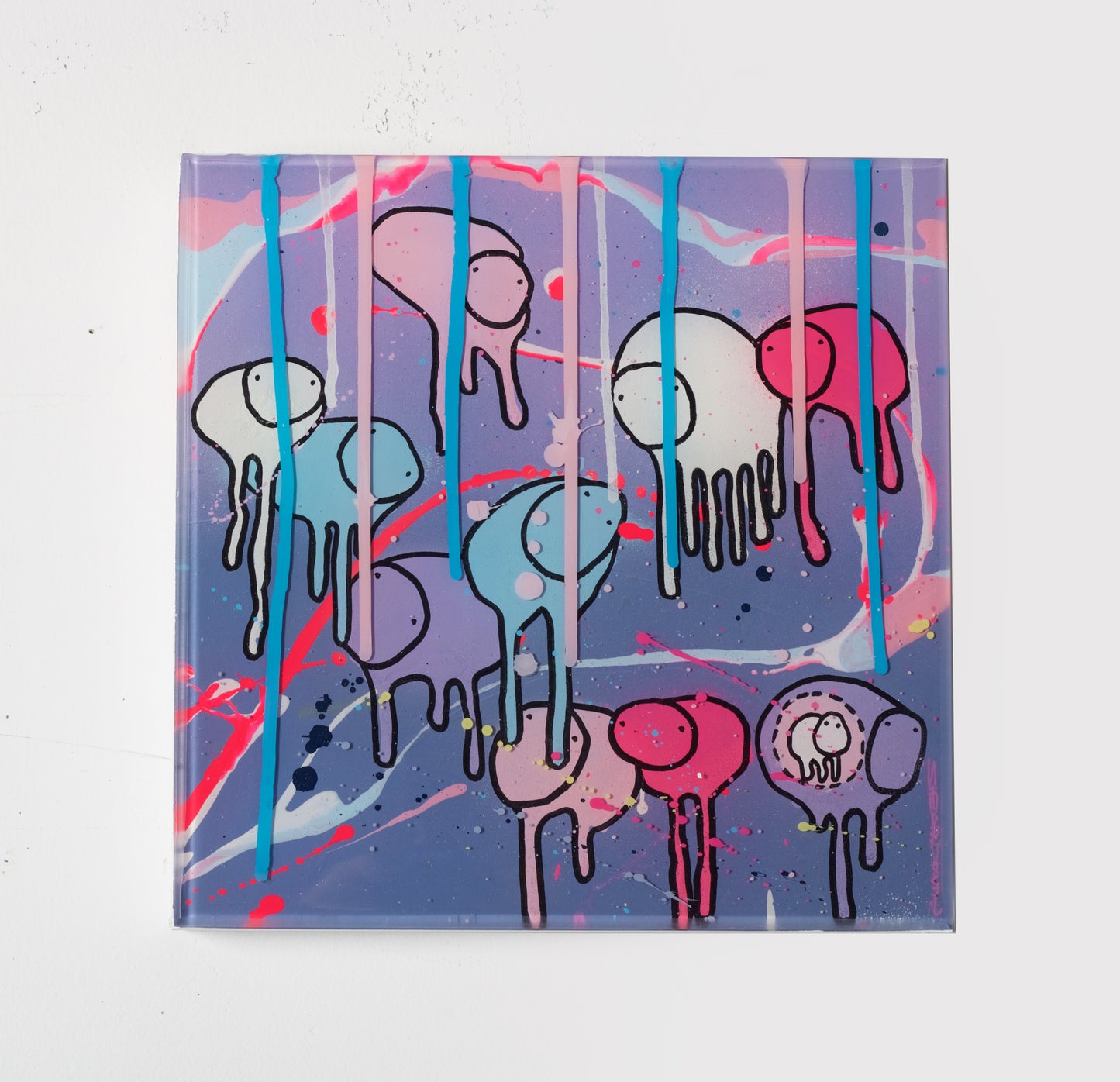 RAINING COWS Purple Alley Streets 12x12 painting by Morgan Sheardown displayed on a white wall, highlighting purple, pink, and baby blue swirling colors with dripping paint and cow motifs.