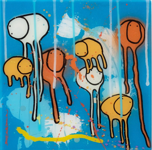 RAINING COWS — Sharing Yellow:  orange, blue and yellow abstract cows, mixed media and resin on wooden panel, 10 x 10 in., by Morgan Sheardown.