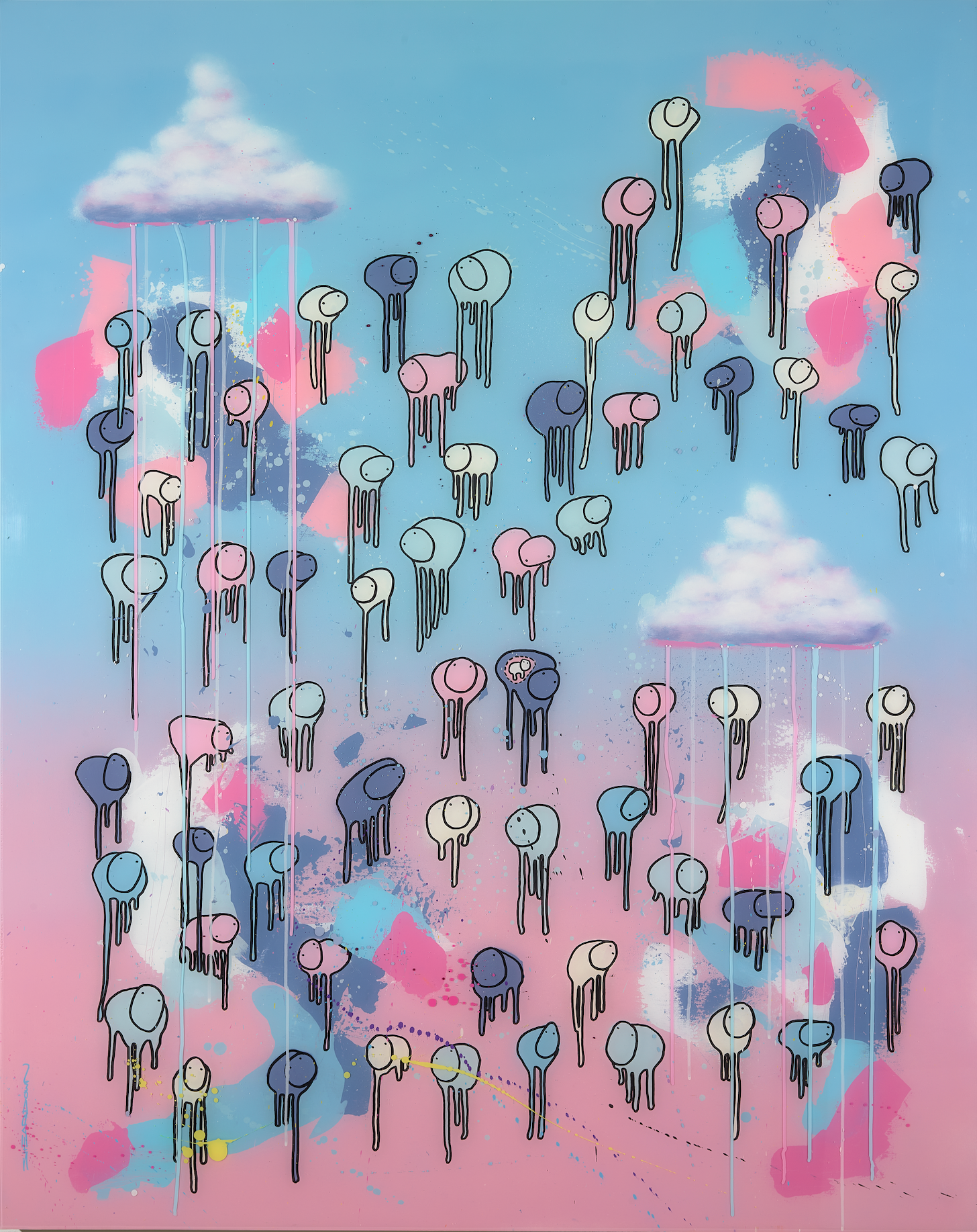 RAINING COWS — Sky Blossom: pink and blue abstract cows, mixed media and resin on wooden panel, 48 x 60 in., by Morgan Sheardown.