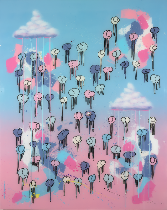 RAINING COWS — Sky Blossom: pink and blue abstract cows, mixed media and resin on wooden panel, 48 x 60 in., by Morgan Sheardown.