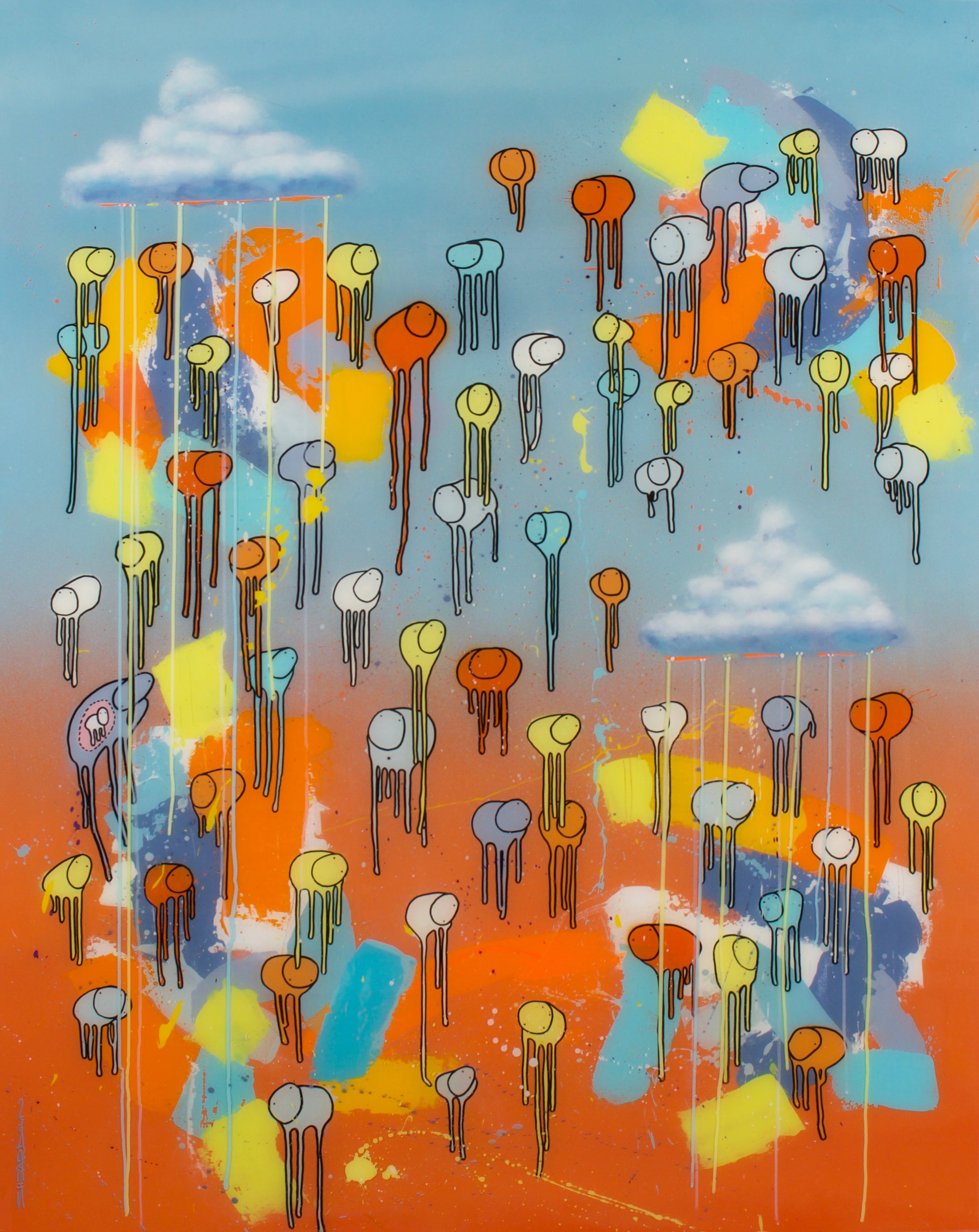 RAINING COWS — Tangerine Beam: Orange and blue abstract cows, mixed media and resin on wooden panel, 48 x 60 in., by Morgan Sheardown.