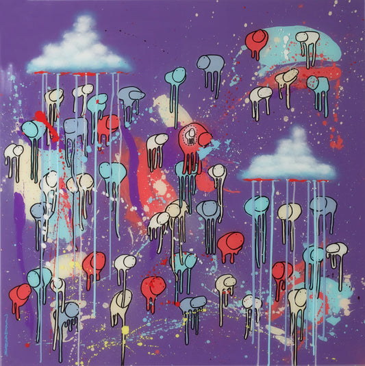 RAINING COWS — Tear Stained Sky: Red, Blue and Purple abstract cows, mixed media and resin on wooden panel, 36 x 36 in., by Morgan Sheardown.